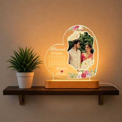Personalized Wedding Calendar Acrylic LED Lamp | Custom Anniversary & Marriage Gift for Bride and Groom – Warm Light Bedside Table Lamp with Wooden Stand